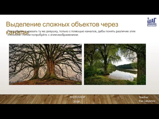 Выделение сложных объектов через каналы PHOTOSHOP 2018г. Teacher Ilya Lukyanov Попробуйте