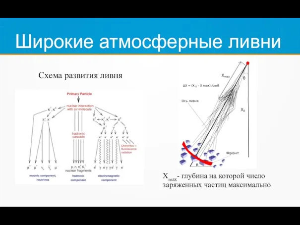 Широкие атмосферные ливни Xmax- глубина на которой число заряженных частиц максимально Схема развития ливня