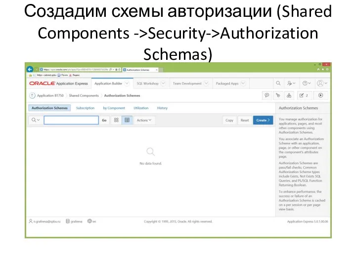 Создадим схемы авторизации (Shared Components ->Security->Authorization Schemas)