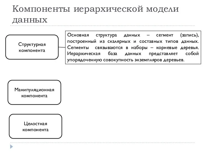 Компоненты иерархической модели данных Структурная компонента Манипуляционная компонента Целостная компонента Основная