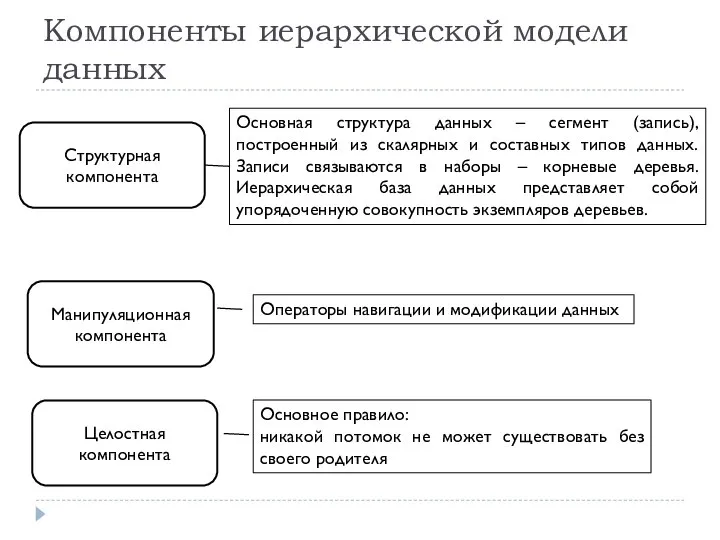 Компоненты иерархической модели данных Структурная компонента Манипуляционная компонента Целостная компонента Основная