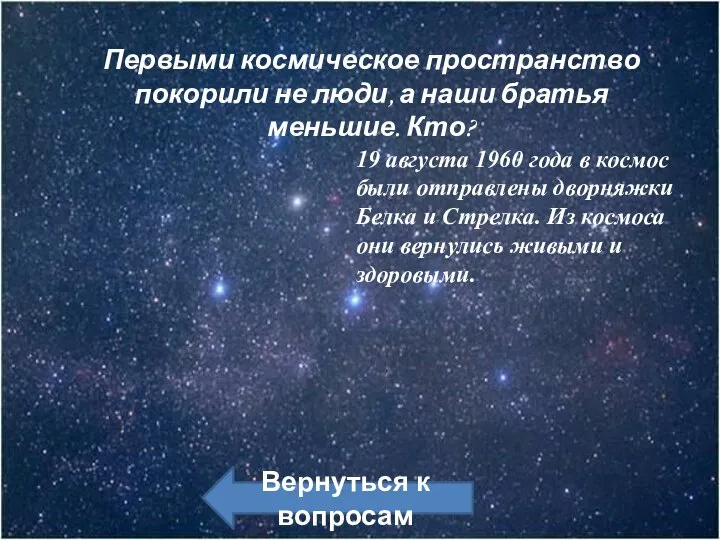 Первыми космическое пространство покорили не люди, а наши братья меньшие. Кто?