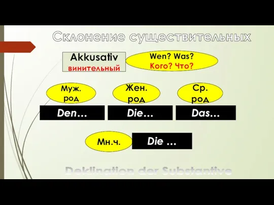 Склонение существительных Deklination der Substantive Akkusativ винительный Wen? Was? Кого? Что?