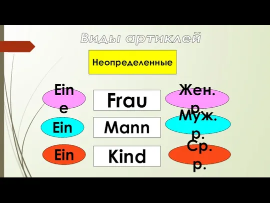 Неопределенные Виды артиклей Жен. р. Муж. р. Ср. р. Frau Mann Kind Eine Ein Ein