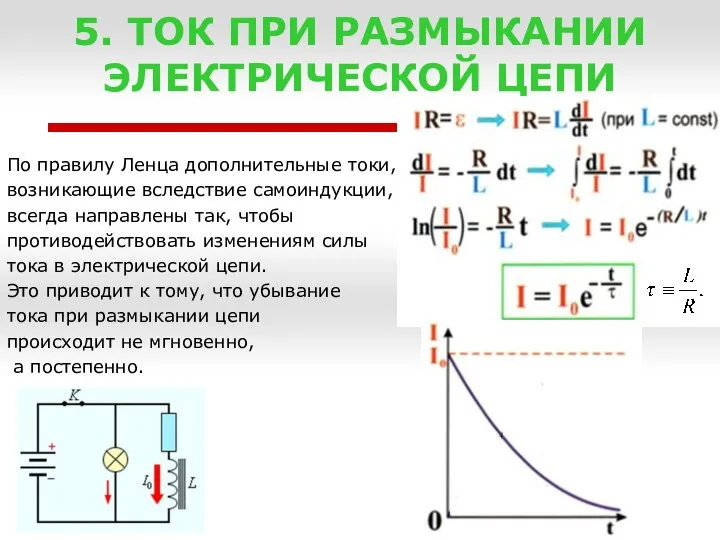 5. ТОК ПРИ РАЗМЫКАНИИ ЭЛЕКТРИЧЕСКОЙ ЦЕПИ По правилу Ленца дополнительные токи,