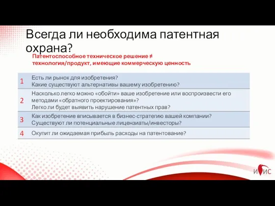 Всегда ли необходима патентная охрана? Патентоспособное техническое решение ≠ технология/продукт, имеющие коммерческую ценность