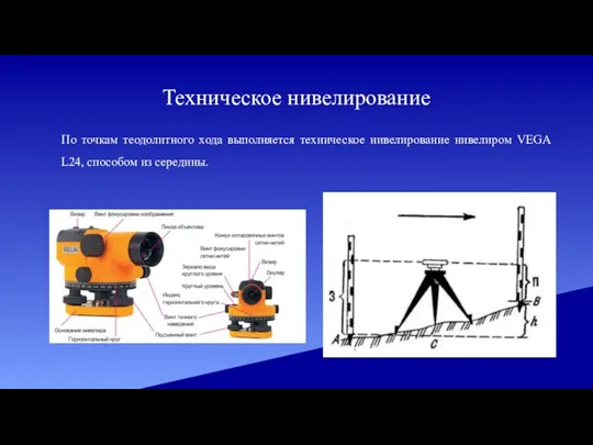 Техническое нивелирование По точкам теодолитного хода выполняется техническое нивелирование нивелиром VEGA L24, способом из середины.