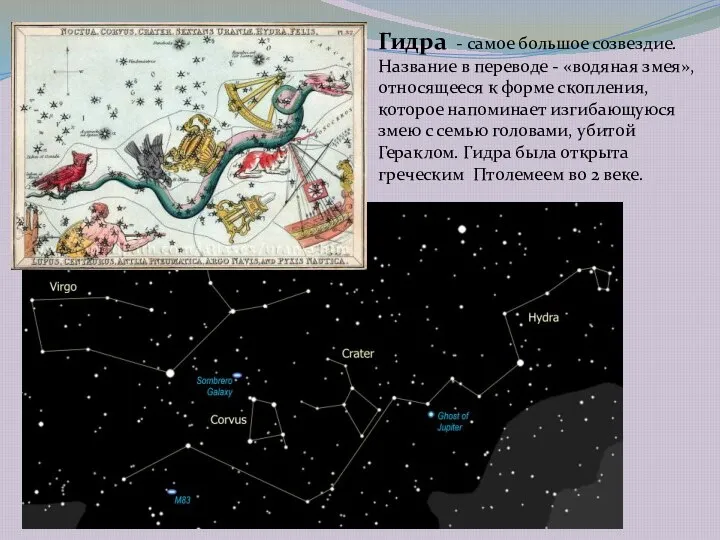 Гидра - самое большое созвездие. Название в переводе - «​​водяная змея»,