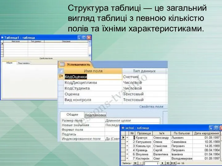 Структура таблиці — це загальний вигляд таблиці з певною кількістю полів та їхніми характеристиками.