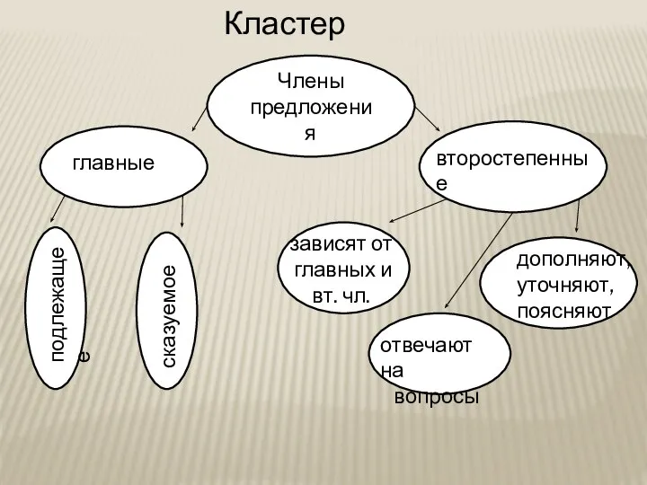 Кластер Члены предложения главные второстепенные подлежащее сказуемое зависят от главных и