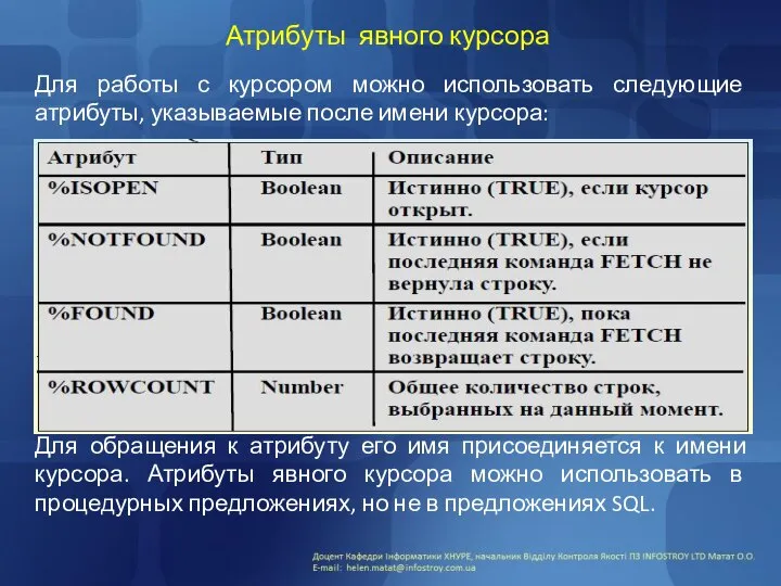 Атрибуты явного курсора Для работы с курсором можно использовать следующие атрибуты,