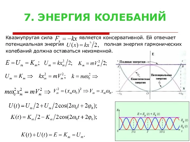 7. ЭНЕРГИЯ КОЛЕБАНИЙ Квазиупругая сила является консервативной. Ей отвечает потенциальная энергия