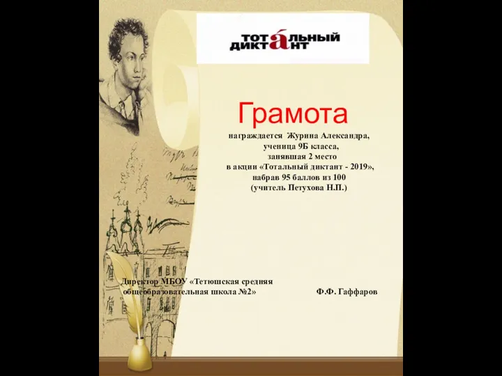 Грамота награждается Журина Александра, ученица 9Б класса, занявшая 2 место в