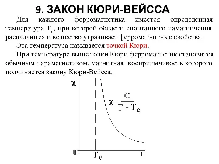 9. ЗАКОН КЮРИ-ВЕЙССА Для каждого ферромагнетика имеется определенная температура Tc, при