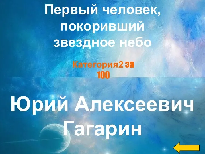 Первый человек, покоривший звездное небо Юрий Алексеевич Гагарин Категория2 за 100