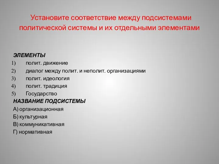 Установите соответствие между подсистемами политической системы и их отдельными элементами ЭЛЕМЕНТЫ