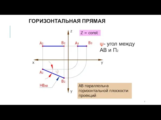 АВ параллельна горизонтальной плоскости проекций Z = const ψ- угол между АВ и П2 ГОРИЗОНТАЛЬНАЯ ПРЯМАЯ