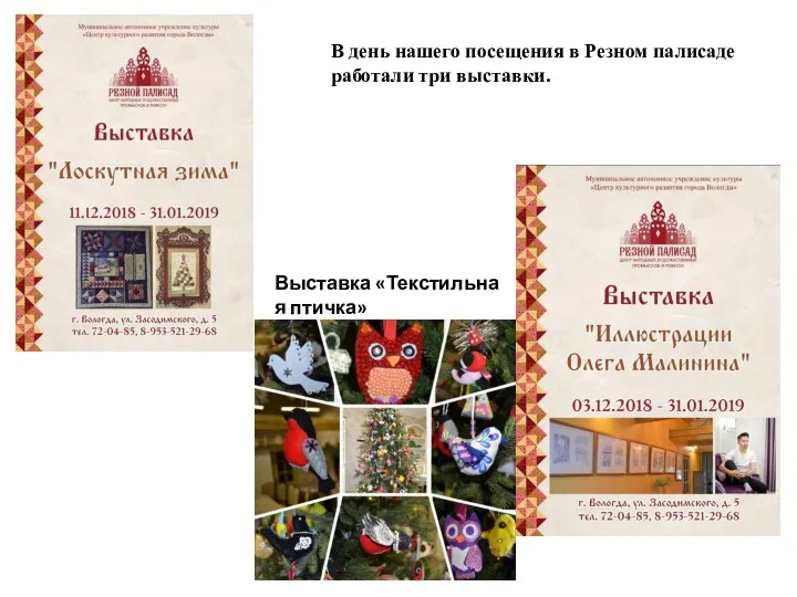 В день нашего посещения в Резном палисаде работали три выставки. Выставка «Текстильная птичка»