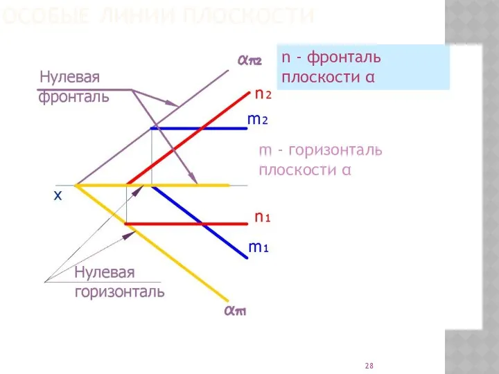 ОСОБЫЕ ЛИНИИ ПЛОСКОСТИ m - горизонталь плоскости α n - фронталь плоскости α