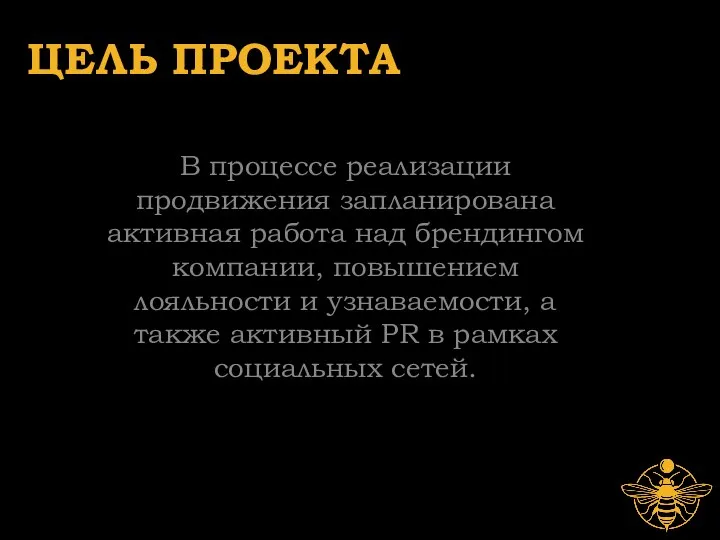 ЦЕЛЬ ПРОЕКТА В процессе реализации продвижения запланирована активная работа над брендингом