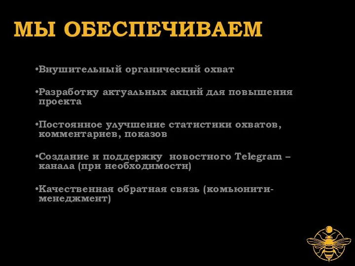 МЫ ОБЕСПЕЧИВАЕМ Внушительный органический охват Разработку актуальных акций для повышения проекта