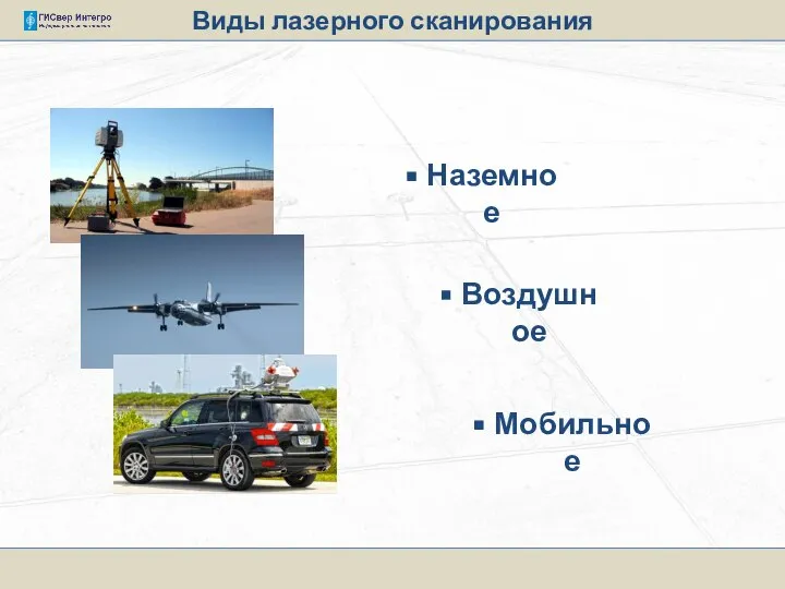 Виды лазерного сканирования Наземное Воздушное Мобильное