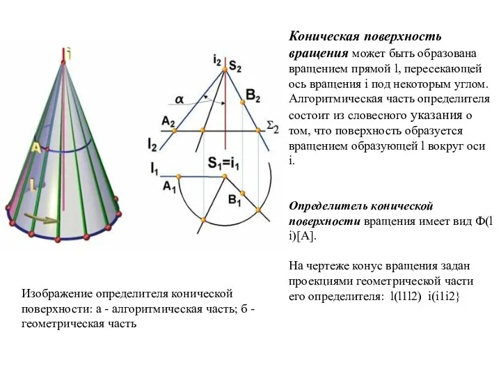 Коническая поверхность вращения может быть образована вращением прямой l, пересекающей ось