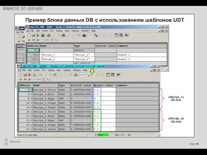 Правой клавишей «Recipe_1» On-line «Recipe_2» On-line Пример блока данных DB с использованием шаблонов UDT