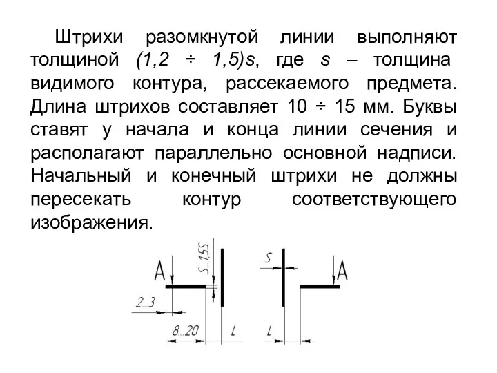 Штрихи разомкнутой линии выполняют толщиной (1,2 ÷ 1,5)s, где s –