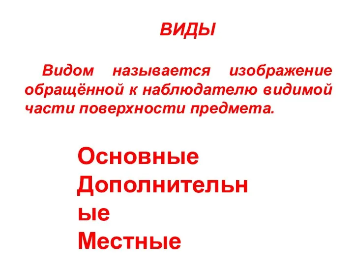 ВИДЫ Видом называется изображение обращённой к наблюдателю видимой части поверхности предмета. Основные Дополнительные Местные