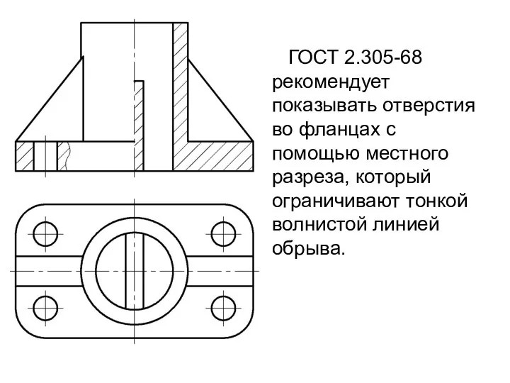 ГОСТ 2.305-68 рекомендует показывать отверстия во фланцах с помощью местного разреза,