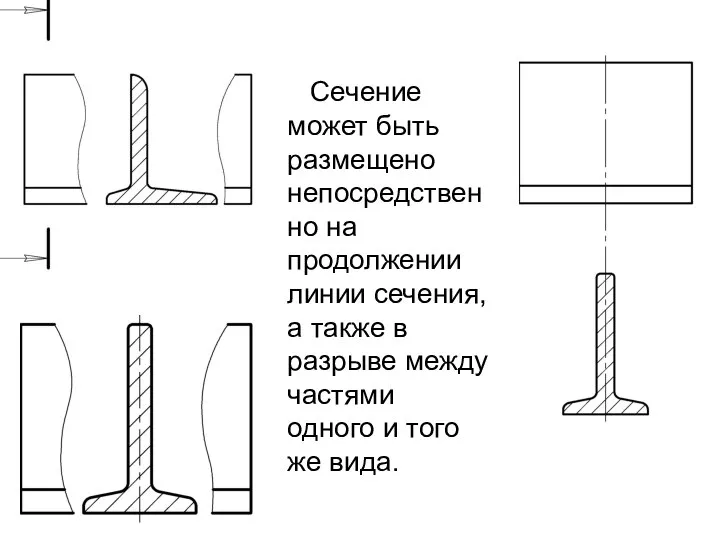 Сечение может быть размещено непосредственно на продолжении линии сечения, а также