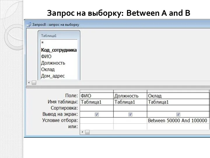 Запрос на выборку: Between A and B