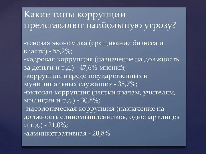 Какие типы коррупции представляют наибольшую угрозу? -теневая экономика (сращивание бизнеса и