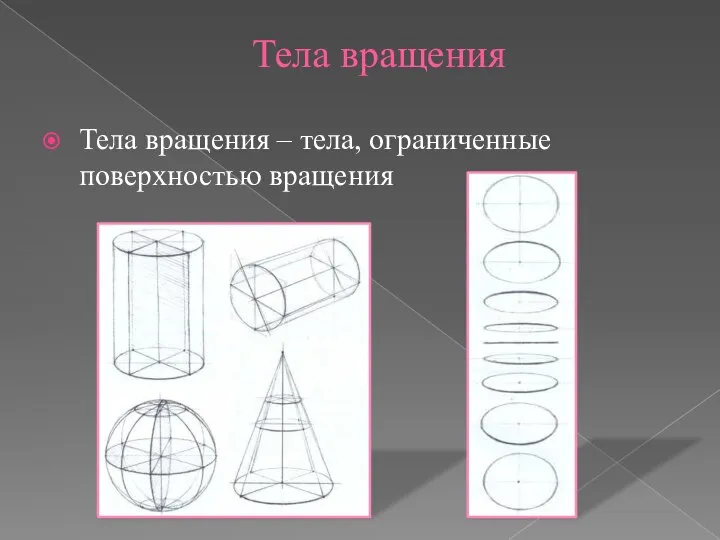 Тела вращения Тела вращения – тела, ограниченные поверхностью вращения