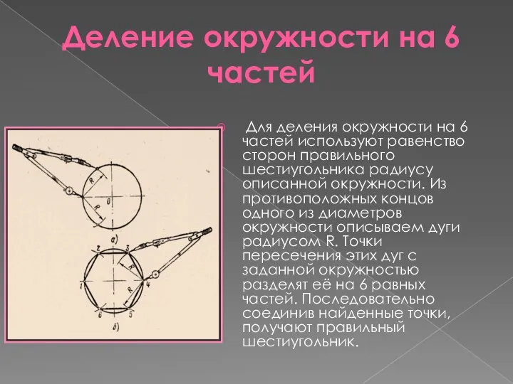 Деление окружности на 6 частей Для деления окружности на 6 частей