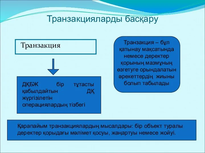 Транзакция Транзакцияларды басқару ДҚБЖ бір тұтасты қабылдайтын ДҚ жүргізілетін операциялардың тізбегі