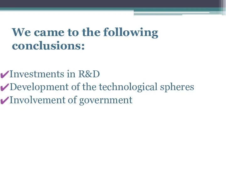 Investments in R&D Development of the technological spheres Involvement of government