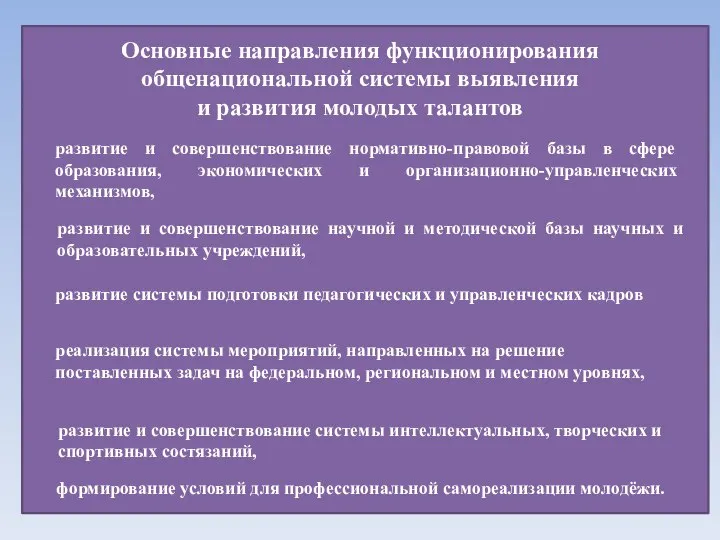 формирование условий для профессиональной самореализации молодёжи. развитие и совершенствование нормативно-правовой базы