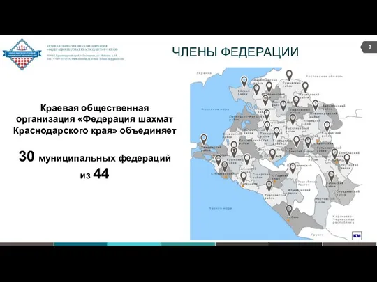 ЧЛЕНЫ ФЕДЕРАЦИИ Краевая общественная организация «Федерация шахмат Краснодарского края» объединяет 30 муниципальных федераций из 44