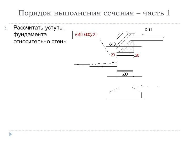 Порядок выполнения сечения – часть 1 Рассчитать уступы фундамента относительно стены