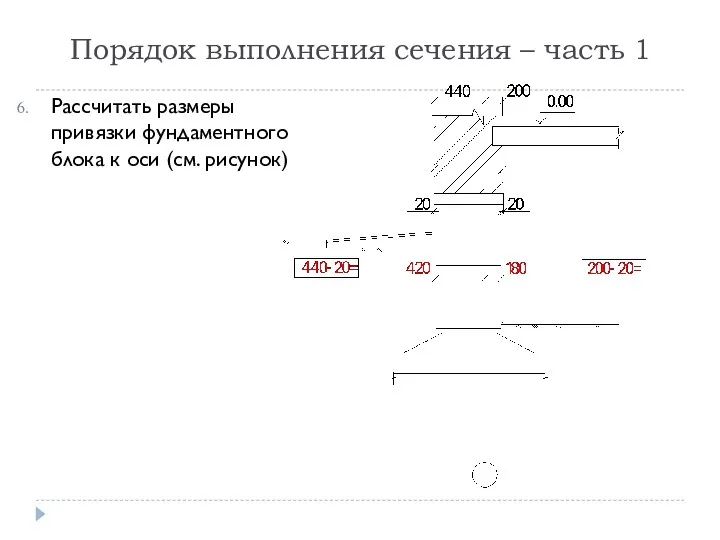 Порядок выполнения сечения – часть 1 Рассчитать размеры привязки фундаментного блока к оси (см. рисунок)