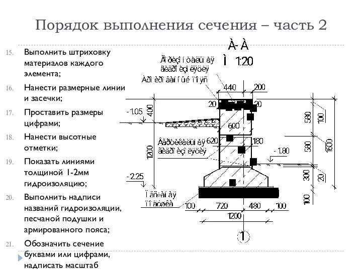 Порядок выполнения сечения – часть 2 Выполнить штриховку материалов каждого элемента;