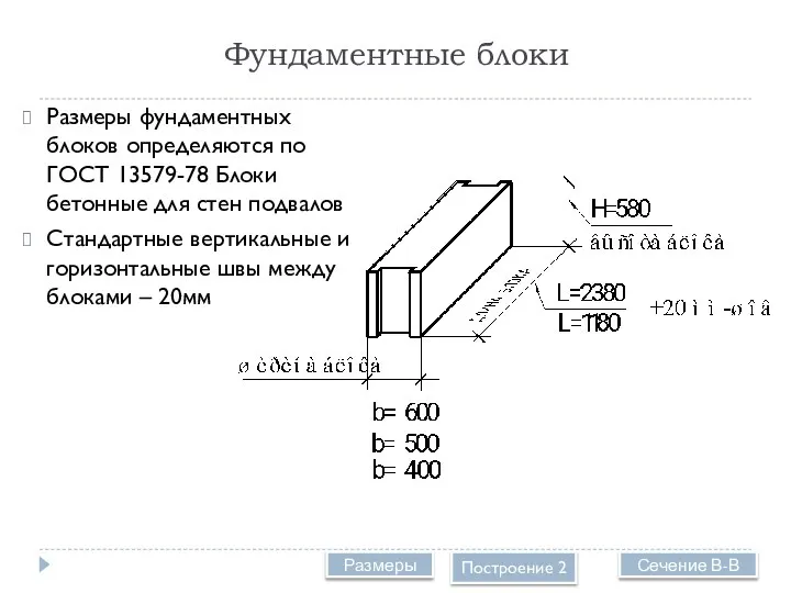 Фундаментные блоки Размеры фундаментных блоков определяются по ГОСТ 13579-78 Блоки бетонные