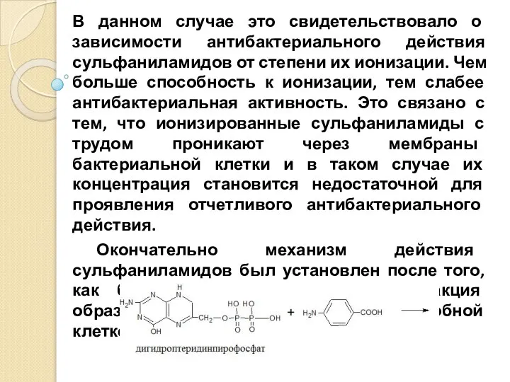 В данном случае это свидетельствовало о зависимости антибактериального действия сульфаниламидов от