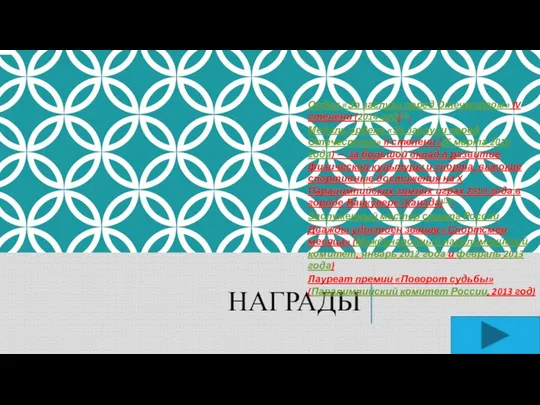 НАГРАДЫ Орден «За заслуги перед Отечеством» IV степени (2014 год)[2]. Медаль