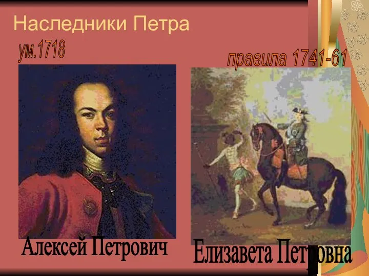 Наследники Петра Алексей Петрович Елизавета Петровна ум.1718 правила 1741-61