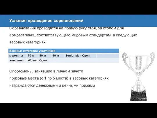 Соревнования проводятся на правую руку стоя, за столом для армрестлинга, соответствующего