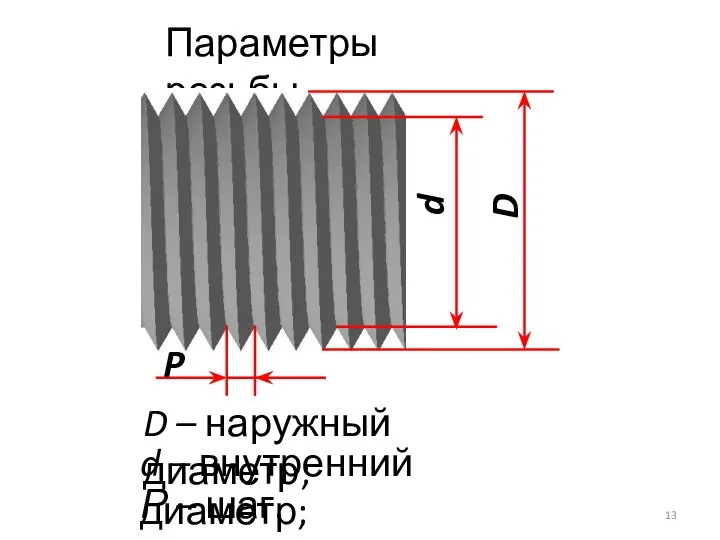 Параметры резьбы D d P D – наружный диаметр; d – внутренний диаметр; Р – шаг.