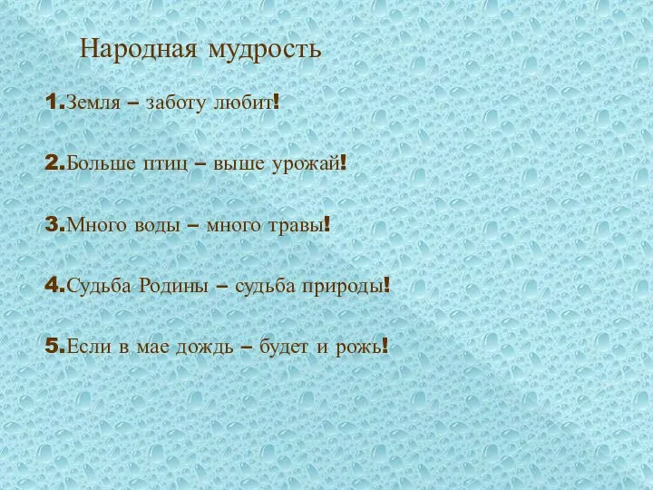 Народная мудрость 1.Земля – заботу любит! 2.Больше птиц – выше урожай!